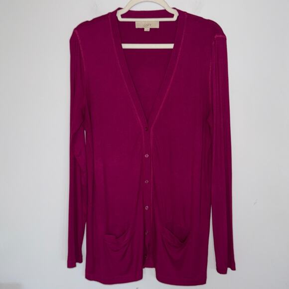 Loft Womens Cardigan Size L Pink Long Sleeve V-Neck Pockets Button Down Stretch - Picture 1 of 6